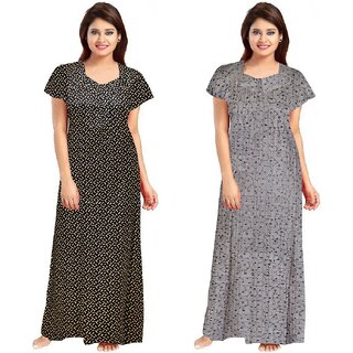                       Cauchy Black, Grey Cotton Printed Nighty For Women (Pack of 2)                                              