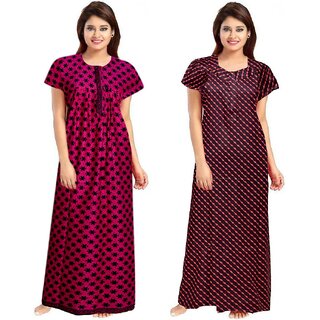                       Cauchy Maroon, Purple Cotton Floral Nighty For Women (Pack of 2)                                              