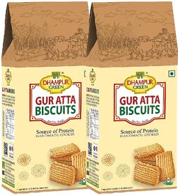 Dhampur Green Gur Atta Biscuit (Jaggery + Whole Wheat Digestive Biscuits) High-Fibre, High Nutrition 2x200g