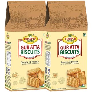 Dhampur Green Gur Atta Biscuit (Jaggery + Whole Wheat Digestive Biscuits) High-Fibre, High Nutrition 2x200g