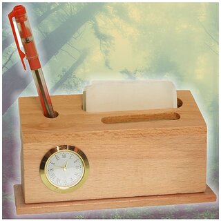                       Wooden Pen Holder Stand Office Home Dryer Table Desk Clock - 403                                              