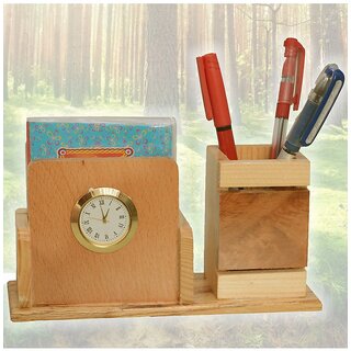                       Wooden Pen Holder Stand Office Home Dryer Table Desk Clock - 407                                              
