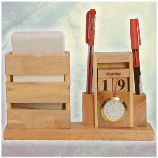                       Wooden Pen Holder Stand Office Home Dryer Table Desk Clock - 406                                              