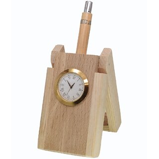                       Wooden Pen Holder Stand Office Home Dryer Table Desk Clock - 405                                              