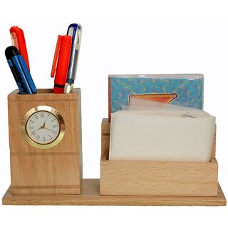                       Wooden Pen Holder Stand Office Home Dryer Table Desk Clock - 402                                              