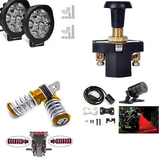                       Combo Fog Light 9 led Cap 2pc FootRest 1 Pair Bike Red Lesser Light 1 Pc With Push Pull Switch 1pc                                              