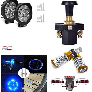                       Combo Fog Light 9 led Cap 2pc FootRest 1 Pair Bike Tyre Light 1 Pc With Push Pull Switch 1pc                                              