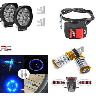                       Combo Fog Light 9 led Cap 2pc FootRest 1 Pair Bike Tyre Light 1 Pc With Wire Switch 1pc                                              