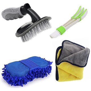                       1 Car Tyre Cleaning Brush, 1 Car AC Vent Cleaner and 1 Big Size Car Cleaning Sponge and 1 800GSM Microfiber Cleaning Cloth                                              