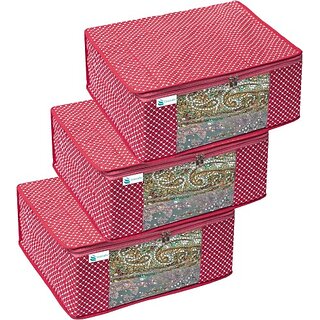                      Unicrafts Polka Dots Saree Cover 3 Layered Quilted Saree Bags for Wardrobe Foldable Cotton Sari Storage Organizer with a Large Transparent Window Bride Lahenga Dress Cover Combo Set of 3 Pc Pink (Pink)                                              