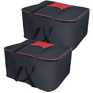                       Unicrafts Underbed Storage Bag Multi Purpose Foldable Nylon Big Underbed Storage Bag Blanket Storage Bag Cloth Storage Organizer Blanket Cover with Handles Pack of 2 Black UB_Black2 (Black, red)                                              
