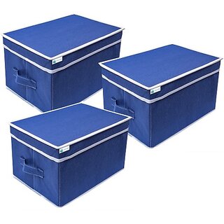                       Unicrafts Storage Box Non woven Blue Storage Box for Clothes, Toy and File Organizer pack of 3 Blue Storage Box With Lid03 (Blue)                                              