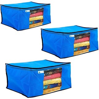                       Unicrafts Saree Cover Non Woven Sari Storage Bags with a Large Transparent Window for Clothes Wardrobe Organizer Extra Large Saree Organizer Combo Pack of 3 Pc Blue Large_Saree_Blue03 (Blue)                                              
