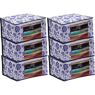                       Unicrafts Saree Cover Non Woven Sari Storage Bags with a Large Transparent Window for Clothes Flower Print Blue Large_Saree_Cover Blue Pack of 6 (Blue)                                              
