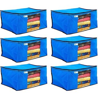                       Unicrafts Saree Cover Non Woven Sari Storage Bags with a Large Transparent Window for Clothes Wardrobe Organizer Extra Large Saree Organizer Combo Pack of 6 Pc Blue Large_Saree_Blue06 (Blue)                                              
