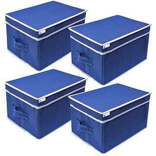                       Unicrafts Storage Box Non woven Blue Storage Box for Clothes, Toy and File Organizer pack of 4 Blue Storage Box With Lid04 (Blue)                                              