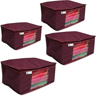                       Unicrafts Saree Cover Extra Large Saree Organizer with a Large Transparent Window for Clothes Wardrobe Organiser Non Woven Sari Storage Bags Combo Set of 4 Pc Maroon Large_Saree_Organizer_Maroon04 (Maroon)                                              