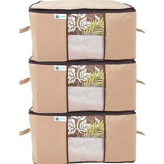                       Unicrafts Underbed Storage Bag Blanket Storage Bag for Wardrobe Organizer Blanket Cover with a large Transparent Window and Side Handles Pack of 3 Pc Beige UB_Beige03 (Beige)                                              