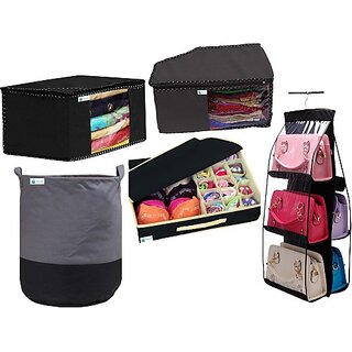                       Unicrafts Garments Cover All Storage Organizer Foldable Combo in one Pack of 5 Black 1-1-1-1-1 Laundry Bag45LGrayBlack_SareeCover_Blouse Cover_Lingrei _Purse Organizer (Black) (Black)                                              