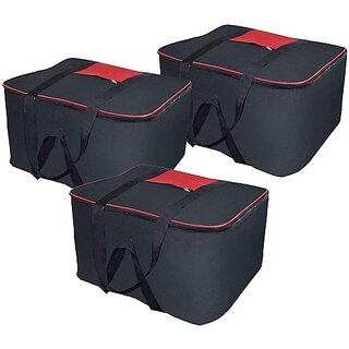                       Unicrafts Underbed Storage Bag Multi Purpose Foldable Nylon Big Underbed Storage Bag Blanket Storage Bag Cloth Storage Organizer Blanket Cover with Handles Pack of 3 Black UB_Black3 (Black, red)                                              