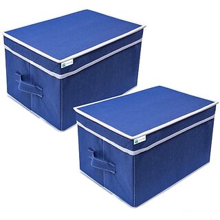                       Unicrafts Storage Box Non woven Blue Storage Box for Clothes, Toy and File Organizer pack of 2 blue Storage Box With Lid02 (Blue)                                              