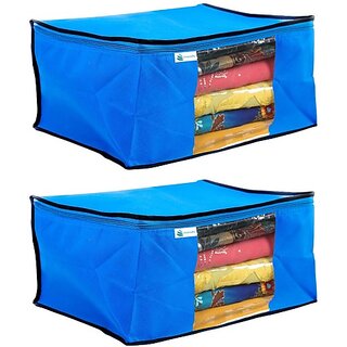                       Unicrafts Saree Cover Non Woven Sari Storage Bags with a Large Transparent Window for Clothes Wardrobe Organizer Extra Large Saree Organizer Combo Pack of 2 Pc Blue Large_Saree_Blue02 (Blue)                                              