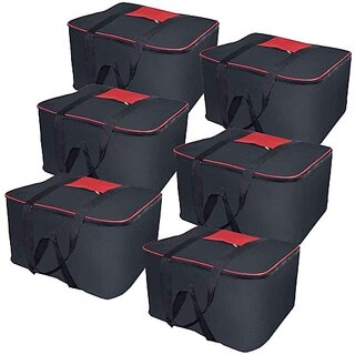                       Unicrafts Underbed Storage Bag Multi Purpose Foldable Nylon Big Underbed Storage Bag Blanket Storage Bag Cloth Storage Organizer Blanket Cover with Handles Pack of 6 Black UB_Black6 (Black, red)                                              