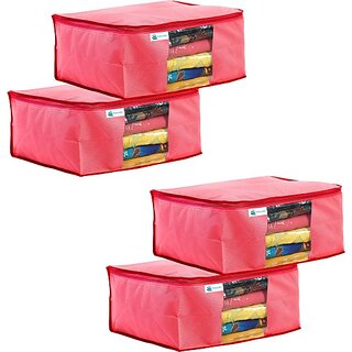                       Unicrafts Saree Cover Non Woven Sari Storage Bags with a Large Transparent Window for Clothes Wardrobe Organizer Extra Large Saree Organizer Combo Pack of 4 Pc Pink Large_Saree_Pink04 (Pink)                                              