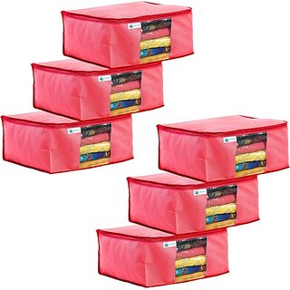                       Unicrafts Saree Cover Non Woven Sari Storage Bags with a Large Transparent Window for Clothes Wardrobe Organizer Extra Large Saree Organizer Combo Pack of 6 Pc Pink Large_Saree_Pink06 (Pink)                                              