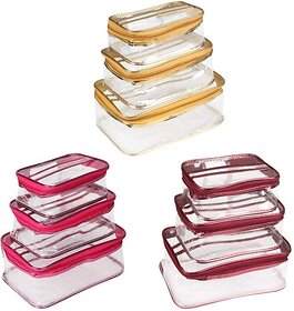 Unicrafts Vanity Box Multipurpose Makeup Jewellery Organizer Transparent Vanity Pouches for Cosmetic Necklace Storage Travel Toiletry Utility Bag Clear PVC Zipper Pouch Organiser Combo Pack of 9 Pc (3 Golden, 3 Pink, 3 Maroon) Multi Purpose Vanity Box (Go