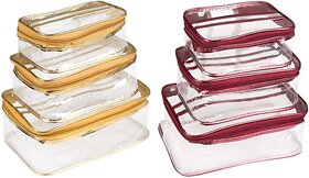 Unicrafts Vanity Box Multipurpose Makeup Jewellery Organizer Transparent Vanity Pouches for Cosmetic Necklace Storage Travel Toiletry Utility Bag Clear PVC Zipper Pouch Organiser Combo Pack of 6 Pc (3 Golden & 3 Maroon) Multipurpose Vanity Box (Golden, Ma