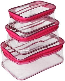 Unicrafts Vanity Box Multipurpose Makeup Jewellery Organizer Transparent Vanity Pouches for Cosmetic Necklace Storage Travel Toiletry Utility Bag Clear PVC Zipper Pouch Organiser Pack of 3 Pc Pink Jeweller, Makeup, Cosmetics, Toiletries Vanity Box (Pink)
