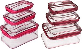 Unicrafts Vanity Box Multipurpose Makeup Jewellery Organizer Transparent Vanity Pouches for Cosmetic Necklace Storage Travel Toiletry Utility Bag Clear PVC Zipper Pouch Organiser Combo Pack of 6 Pc (3 Pink & 3 Maroon) Multipurpose Vanity Box (Pink, Maroon