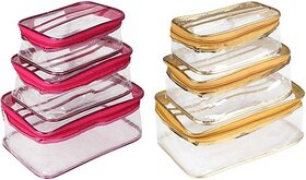 Unicrafts Vanity Box Multipurpose Makeup Jewellery Organizer Transparent Vanity Pouches for Cosmetic Necklace Storage Travel Toiletry Utility Bag Clear PVC Zipper Pouch Organiser Combo Pack of 6 Pc (3 Pink & 3 Golden) Multipurpose Vanity Box (Pink, Golden