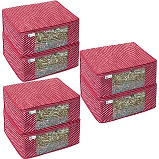                       Unicrafts Polka Dots Saree Cover 3 Layered Quilted Saree Bags for Wardrobe Foldable Cotton Sari Storage Organizer with a Large Transparent Window Bride Lahenga Dress Cover Combo Set of 6 Pc Pink (Pink)                                              