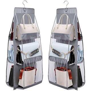 Unicrafts Unicrafts Purse Handbag Organizer 6 Pocket Foldable Large Clear Anti Dust Hanging Handbag Storage Organizer with Hook Purse Hanger Storage Holder for Wardrobe Closet Organizer Pack of 2 Pc Grey Handbag Organizer ()