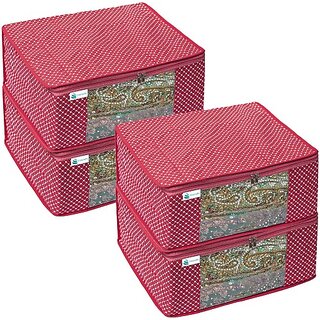                       Unicrafts Polka Dots Saree Cover 3 Layered Quilted Saree Bags for Wardrobe Foldable Cotton Sari Storage Organizer with a Large Transparent Window Bride Lahenga Dress Cover Combo Set of 4 Pc Pink (Pink)                                              