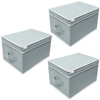                      Unicrafts Storage Box Non woven Grey Storage Box for Clothes, Toy and File Organizer pack of 3 Grey Storage Box With Lid03 (Grey)                                              