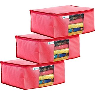                       Unicrafts Saree Cover Non Woven Sari Storage Bags with a Large Transparent Window for Clothes Wardrobe Organizer Extra Large Saree Organizer Pack of 3 Pc Pink Large_Saree_Pink02 (Pink)                                              