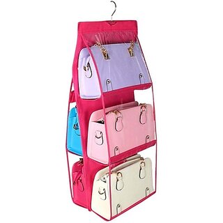                       Unicrafts Purse Handbag Organizer 6 Pocket Foldable Large Clear Anti Dust Hanging Handbag Storage Organizer with Hook Purse Hanger Storage Holder for Wardrobe Closet Organizer Pack of 1 Pc Pink Handbag Organizer ()                                              