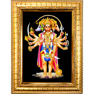                       Pancha Mukhi Hanuman Designer Golden Wall Hanging  Wood Photo Frame (8.5x7inch)                                              