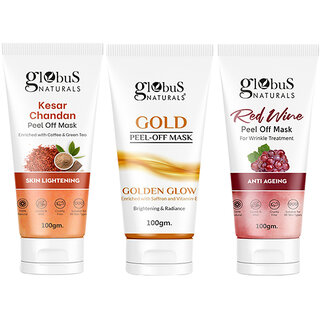Globus Naturals Ultimate Peel-Off Luxury Combo - Red Wine, Goldand Kesar Chandan Peel Off Mask,100 gm, Set of 3 Globus Naturals Ultimate Peel-Off Luxury Combo - Red Wine, Goldand Kesar Chandan Peel Off Mask,100 gm, Set of 3