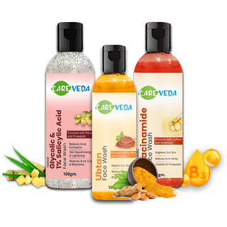 CareVeda Glycolic 1 Salicylic Acid Face Wash, Niacinamide Face Wash Ubtan Face Wash Combo, Set of 3 CareVeda Glycolic 1 Salicylic Acid Face Wash, Niacinamide Face Wash Ubtan Face Wash Combo, Set of 3