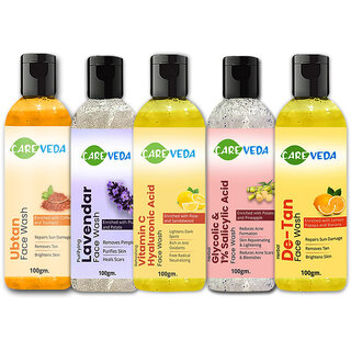 CareVeda Ubtan, De Tan, Lavender, Glycolic, Vitamin C Face Wash Combo Set of 5