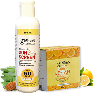                       Globus Naturals Moisturizing Sunscreen Lotion  De-Tan Facial Kit Combo, Tan Removal Formula, For All Skin Types                                              