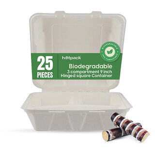 25 Pieces Biodegradable 3 Compartment Hinged Clamshell Multipurpose Square Container (9x9 Inch)