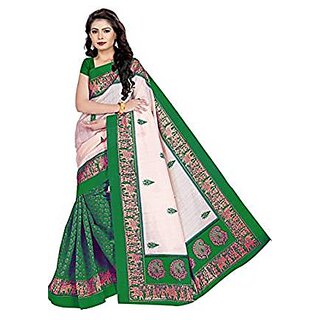                       Meia Green Bhagalpuri Silk Block Print Saree With Blouse                                              