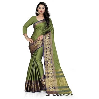 SVB Sarees Green Cotton Embellished With Blouse Saree SVB Sarees Green Cotton Embellished With Blouse Saree