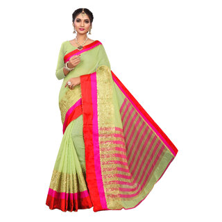                       SVB Sarees Green Embellished Cotton With Blouse Saree                                              