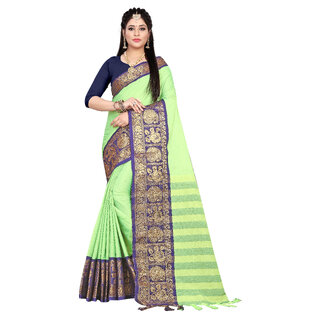                       SVB Sarees Women's Green Embellished Cotton Saree With Blouse                                              